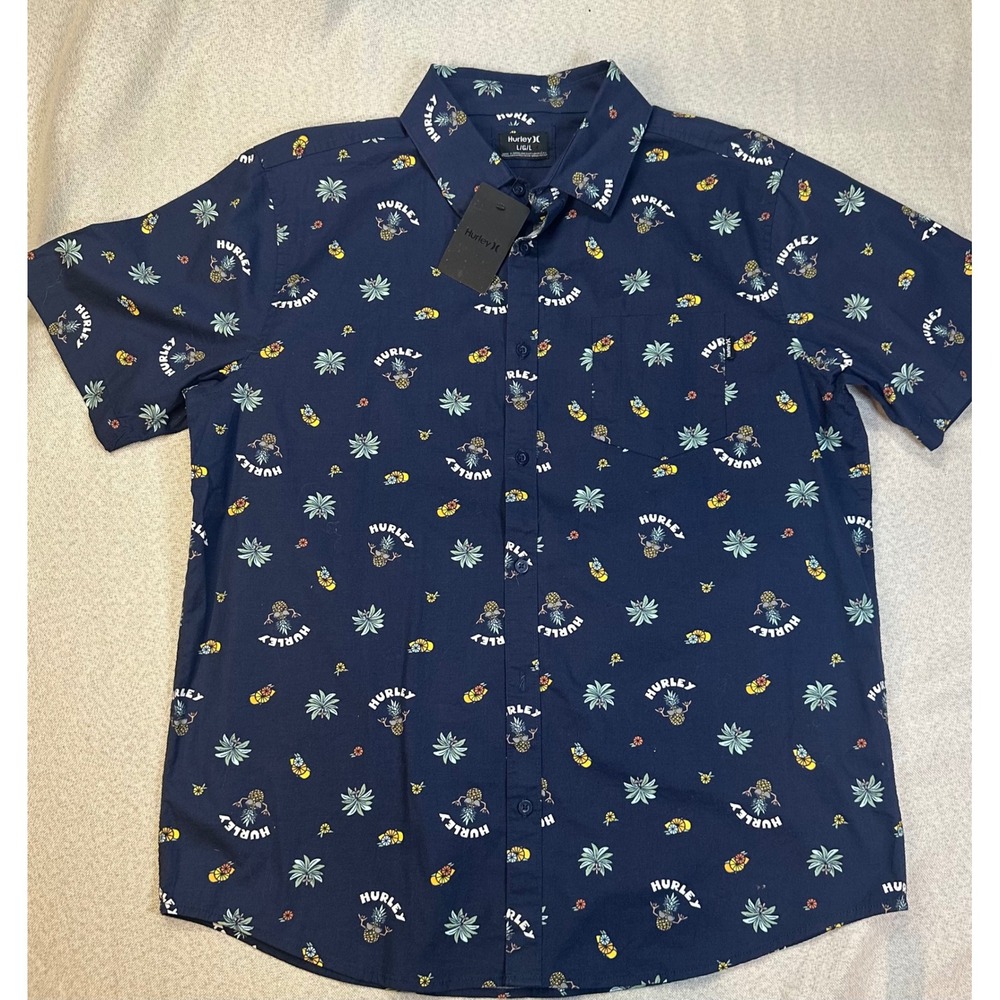 Hurley Button Down Shirt Mens Large Navy Blue Pineapple Palm Tree Coastal Summer